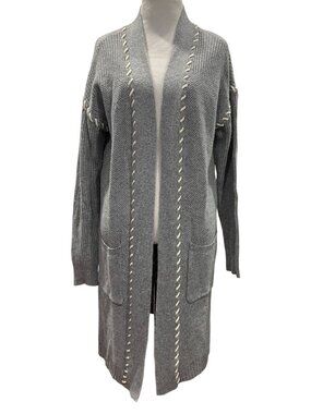 Time and Tru Longline Ribbed Cardigan L Gray Whipstitch Trim Midweight Lagenlook